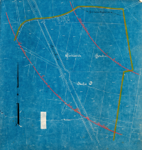 Blauwdruk van de vroegere ambachtsheerlijkheid Slagmaat met daarop in het rood de verboden kringen van de Nieuwe Hollandse Waterlinie. Bron: Beeldbank RAZU.