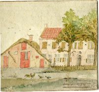 Gezicht op de achtergevel van het huis Oostbroek, een van de gebouwen van het voormalige klooster van die naam bij De Bilt, met links de stal aan de achterzijde van de bijbehorende boerderij, uit het zuiden op Zo. 17-09-1786. Bron: HUA, 202012.