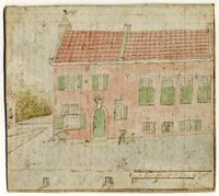 Gezicht op de voorgevel van het huis Oostbroek, een van de gebouwen van het voormalige klooster van die naam bij De Bilt, met links een gedeelte van een bijgebouw, uit het noorden op Zo. 17-06-1786. Bron: HUA, Gezicht op de voorgevel van het huis Oos