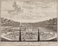 Gezicht op de bloementuin van huis Heemstede te Houten, richting de orangerie, Heemsteedseweg 26, N. Visscher naar I. Moucheron, 1690, Regionaal Archief Zuid-Utrecht, identificatienummer: P.27.4.1 (041466).