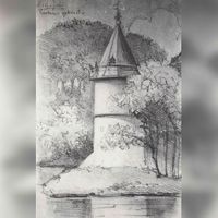 Potloodtekening van de duiventoren op landgoed Wickenburgh gezien vanaf de Wickenburghseweg in 1880-1900. Bron: Regionaal Archief Zuid-Utrecht (RAZU), 353, 42087, 67.