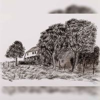 Gezicht over een weiland op de voorgevel van boerderij Rijsbrug, met zomerhuis, aan de Binnenweg 19 te Houten in 1982 naar een tekening van L.M.J. de Keijzer. Bron: Regionaal Archief Zuid-Utrecht (RAZU), 353.