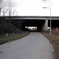 De Nieuwe Houtenseweg bij Het Blauwe Huis Viaduct met rechts de Staatslijn H. Bovenop het viaduct de rijksweg A12 in 2006. Foto: Sander van Scherpenzeel.