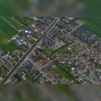 Luchtfoto gezien vanuit het noordoosten van de Rooms Katholiek Kerk St. Michael aan de jhr. Ramweg met erachter de straten en woningen aan de Wickenburghselaan, De Groes en de Biesterlaan. Links de Schalkwijksewetering en de Lagedijk in het dorp Schalkwijk in 2019. Foto: Slagboom en Peeters Luchtfotografie B.V..