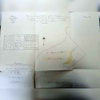 Kadasterkaart van het Vechten terrein uit 1865 (noorden beneden) van welke gronden er nodig waren om het Fort bij Vechten te kunnen aanleggen. Grond in geel gearceerd om aan te kopen. Bron: Nationaal Archief.
