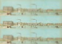 Gezicht over de Catharijnebrug te Utrecht op een groot appartementengebouw, het douanekantoortje (de Catharijnebarrière), een herenhuis (later Bierhuis De Hoop) en de gasfabriek van W.H. de Heus op en bij het noordwestelijke bastion van het vroegere kasteel Vredenburg in 1859. Naar een tekening van J. Bos. Bron: HUA, catalogusnummer: 135010.