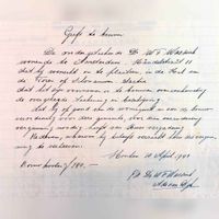 Op 10 april 1942 vroeg Dr. W.F. Wassink, wonende Händelstraat 11 te Amsterdam een bouwvergunning aan om op perceel sectie G, perceelnummer 615 te plaatsen, behoudens rechten van derden, een deurkozijn met deur en een drielichtkozijn in de hal van de toren van Schonauwen, overeenkomstig de ingeleverde tekening en beschrijving'. Begeleidend briefje bij de bouwvergunning. Bron: Regionaal Archief Zuid-Utrecht (RAZU), 005.