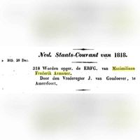 Fragment van oproep aan nabestaande na het overlijden van Armauer om zich te melden bij de vredesrechter van het twee kantongerecht te Amersfoort in najaar 1818. Te lezen in de Nederlandse Staatscourant uitg. 305. van 28 dec. 1818 artikel 318. Bron: Google Books.