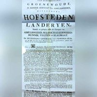 Het verkoop affiche van de Utrechtse notaris Hendrik van Ommeren uit 1810 met een lengte van >1,50 m. voor de verkoop van de landgoederen Nieuw-Amelisweerd (Groenwoude) en Oud-Amelisweerd afkomstig van de voormalige koning Lodewijk Napoleon. De landgoederen werden gekocht door Jan Pieter van Wickevoort Crommelin. Dit zal hij waarschijnlijk gedaan hebben om de vroegere koning snel van dienst te zijn geweest om vlot van zijn vast- en onroerende goederen in de Nederlanden te af te komen. In augustus 1811 verkocht Van Wickevoort Crommelin de landgoederen aan Paul Bosch van Drakestein. Deel van affiche 2/4. Bron: Nationaal Archief.