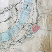 Detail van een kaart van de uiterwaarden bij Honswijk en Culemborg stad in ca. 1815 met het Culemborgs Veer en veerhuis Landlust aan de Veerweg. Bron: Het Gelders Archief, beeldbank.