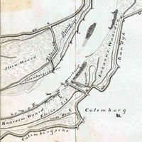 Kaart (fragment) van de rivier de Lek in de negentiende eeuw, bij Culemborg en Tull en 't Waal de Steenwaard. Bron: NA.