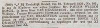 Krantenadvertentie uit de Utrechtsche Courant van vrijdag 11 maart 1836 met daarbij de officiële mededeling dat de kinderen van Paulus Wilhelmus Bosch en Henriëtta Hofmann zich 'Bosch van Drakestein' mogen noemen en de daarop toekomstige generaties ook. Bron: Delpher.nl.