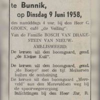Op 9 juni 1958 ruim 6 jaar voor de definitieve verkoop van het landgoed werden de kerssen uit de boomgaard van boerderij De Kleine Kuil en De Boeije verkocht. Bron: Regionaal Archief Zuid-Utrecht (RAZU), krantenbank.