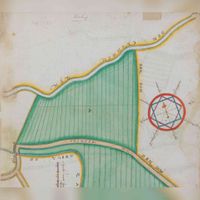 De Kovelaarsbrug en de Bonte Kraay (land) ingetekend op een kaart (fragment) uit 1602 van het Utrechtse kapittel van Oudmunster. Bron: Het Utrechts Archief, 223, 993, f.5.