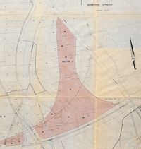 In rood gearceerd de gronden ten westen van boerderij Het Blauwe Huis (Nieuwe Houtenseweg 55) aan te kopen door Rijkswaterstaat van de gemeente Utrecht in 1976 voor de aanleg van rijksweg A27 ten noorden van knooppunt Lunetten, Bron: Het Utrechts Archief, 1803.