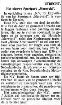 Krantenknipsel uit de Gooi- en Eemlander van vrijdag 25 jan 1935 over de opening van Sportpark Mereveld. Bron: Delpher.nl.