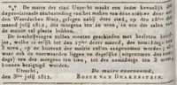 Bericht van de Maire (burgemeester in Franse Tijd in Utrecht) Bosch van Drakestein van vrijdag 8 juli 1812. Bron: Delpher.nl.