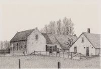 Gezicht op de voor- en zijgevel van boerderij Schoneveld, met bakhuis-zomerhuis, aan het Leedijkerhout in 1978. Naar een tekening van O.J. Wttewaall. Bron: Regionaal Archief Zuid-Utrecht (RAZU), 353, 42999, 125.