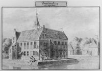 Linker- en achterzijde van kasteel Drakenburg bij Baarn. Getekend door A. Pronkert uit de periode 1718-1730 (2). Bron: Nederlands Instituut voor Kunstgeschiedenis, Den Haag.