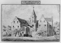 Linker- en achterzijde van kasteel Drakenburg bij Baarn. Getekend door A. Pronkert uit de periode 1718-1730. Bron: Nederlands Instituut voor Kunstgeschiedenis, Den Haag.