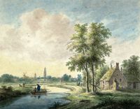 Gezicht op de Kromme Rijn met op de achtergrond de stad Utrecht uit het zuidoosten tussen 1780 en 1815. Bron: Het Utrechts Archief, catalogusnummer: 30791.