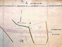 Kaart van de gemeente Oud-Wulven uit ca. 1840 met erop ingetekend de toen nieuw aan te leggen Rhijnspoorweg tussen Utrecht en Arnhem langs hofstede De Ketel. Bron: Het Utrechts Archief.