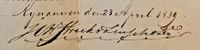 Handtekening van Jhr. Jan Carel Wendel Strick van Linschoten van Rhijnauwen op dinsdag 23 april 1839 onder de afkoopakte van de hofrente aan het huis Rhijnauwen op boerderij Overdam gelegen aan de Marsdijk in Vechten. Bron: Het Gelders Archief, 3027, 2353.