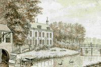 Gezicht op het huis Oud-Amelisweerd tussen Utrecht en Bunnik, met links het botenhuis en rechts de toegangsbrug over de Kromme Rijn in 1810-1830. Naar een tekening van J.L.Jonxis. Bron: Het Utrechts Archief, catalogusnummer: 201059.
