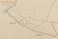 Fragment van een kadastrale kaart van de gemeente Cothen, sectie A, 1ste blad (veldplan) met links van het midden Kasteel Rhijnestein ingetekend in 1829. Bron: Regionaal Archief Zuid-Utrecht (RAZU), 236, 96231, 56.