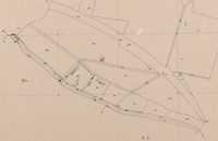 Fragment van een kadastrale kaart gemeente Cothen, sectie A, 1ste blad (reproductie) met links van het midden Kasteel Rhijnestein ingetekend in 1979. Bron: Regionaal Archief Zuid-Utrecht (RAZU), 236, 96231, 56.