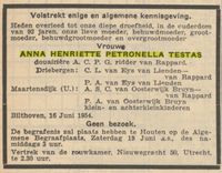 Overlijdensadvertentie van Anna Henriette Petronella Testas. Gepubliceerd op 17 juni 1954 in het Algemeen Handelsblad. Bron: Delpher.nl.