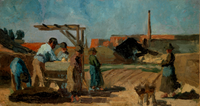 Fabrieksterrein met arbeiders op steenbakkerij Ruimzicht in 1885. Door: Anthon Gerard Alexander, Ridder van Rappard, 1858-1892. Bron: Centraal Museum, Utrecht.