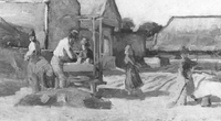 Fabrieksterrein met arbeiders op steenbakkerij Ruimzicht in 1885. Door: Anthon Gerard Alexander, Ridder van Rappard, 1858-1892. Bron: Centraal Museum, Utrecht.