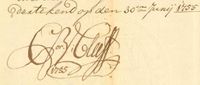Handtekening door oud burgemeester van Utrecht Cornelis van Cleeff onder het koopcontract van de koop van de 48 morgen land in Maarschalkerweerd, genaamd De Groote Kuil van het Utrechtse kapittel van Oudmunster op Maandag 30 juni 1755. Bron: Het Utrechts Archief, 223, 1386.