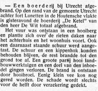 Krantenknipsel uit een krant van 1934 waarin geschreven wordt over de brand op hofstede De Ketel van Adriaan de Wit. Bron: Delpher.nl.