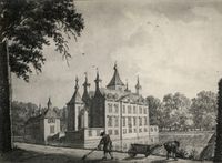 Gezicht uit het noordwesten op de achtergevel van het kasteel Renswoude te Renswoude met links een van de bouwhuizen aan het voorplein op dinsdag 23 september 1749. Vervaardig door Jan de Beijer. 