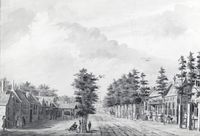 Gezicht in de Dorpsstraat te De Bilt uit het zuidoosten, met rechts de herberg 'Staaten Wapen'. Vervaardig door D. Burg in 1750-1770. 