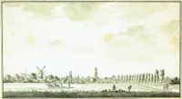 Het Houtensepad in noordwestelijke richting gezien in 1784. Naar een tekening van Jan van Hiltrop. Bron: Het Utrechts Archief, catalogusnummer: 36236.