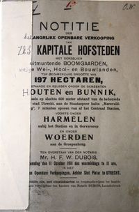 Voorkant van de veilingsbrochure van onder andere hofsteden 't Hemeltje, Mereveld en De Groote Kuil. Bron: Het Utrechts Archief, 1007-3, 13006.