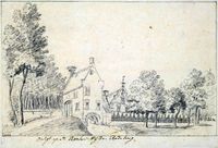 Gezicht op de toegangspoort van het Kartuizerklooster Nieuwlicht te Utrecht met de boerderij en rechts op,de achtergrond de Monninkenboom in 1744. Bron: Het Utrechts Archief, catalogusnummer: 37653.