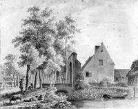 Gezicht op de toegangspoort met de brug van het voormalige Kartuizerklooster Nieuwlicht, met de boerderij op het kloosterterrein in 1813. Bron: Het Utrechts Archief, catalogusnummer: 31262.