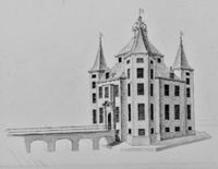 Schetstekening (voorstudie) van kasteel Heemstede rond 1715-1730 met toegangsbrug. Bron: Nederlands Instituut voor Kunstgeschiedenis, Den Haag.