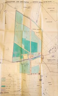 Ridderhofstad Oud-Amelisweerd kaart uit 1951 met daarop ingetekend de diverse soorten landerijen en gebruikersbestemming als wei- bouwlanderijen of boomgaarden. Bron: Het Utrechts Archief, 1007-3.