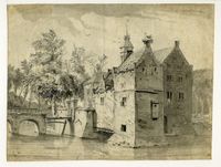 Gezicht op het omgrachte kasteel Wulven te Houten uit het noordoosten op zondag 4 mei 1766. Bron: Het Utrechts Archief, catalogusnummer: 206381.