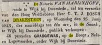 Advertentie in de krant uit 1845 waarmee Jhr. Carel Bosch van Drakestein zijn grasgewas uit de uiterwaarden van De Bosscherwaarden in Wijk bij Duurstede langs rivier de Lek aankondigde. Bron: Delpher.nl.