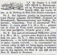 In februari 1860 wordt een aangenaam plaatsje RUSTOORD te koop aangeboden en per veiling verkocht in herberg De Klop. Bron: Delpher.nl.