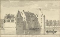 Gezicht op het omgrachte kasteel Schalkwijk te Schalkwijk uit het oosten in 1749 naar een tekening van A. Schouman. Bron: Het Utrechts Archief, catalogusnummer: 201961.
