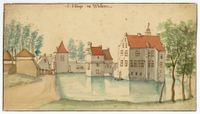 Gezicht op de achtergevel van het omgrachte kasteel Wulven te Houten, met op de achtergrond de gedeeltelijk ommuurde voorburcht in de periode 1660-1680. Bron: Het Utrechts Archief, catalogusnummer: 202084.