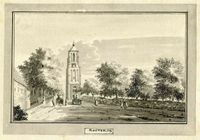 Gezicht in het dorp Houten met de toren van de Nederlands Hervormde kerk in 1749. Bron: Het Utrechts Archief, catalogusnummer: 200570.