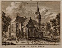 Gezicht op de achterzijde van de NH-kerk in Schalkwijk in de periode 1740-1750. Naar een tekening van Hendrik Spilman van het origineel van Jan de Beijer. Bron: Regionaal Archief Zuid-Utrecht (RAZU), 353, 44756, 125.